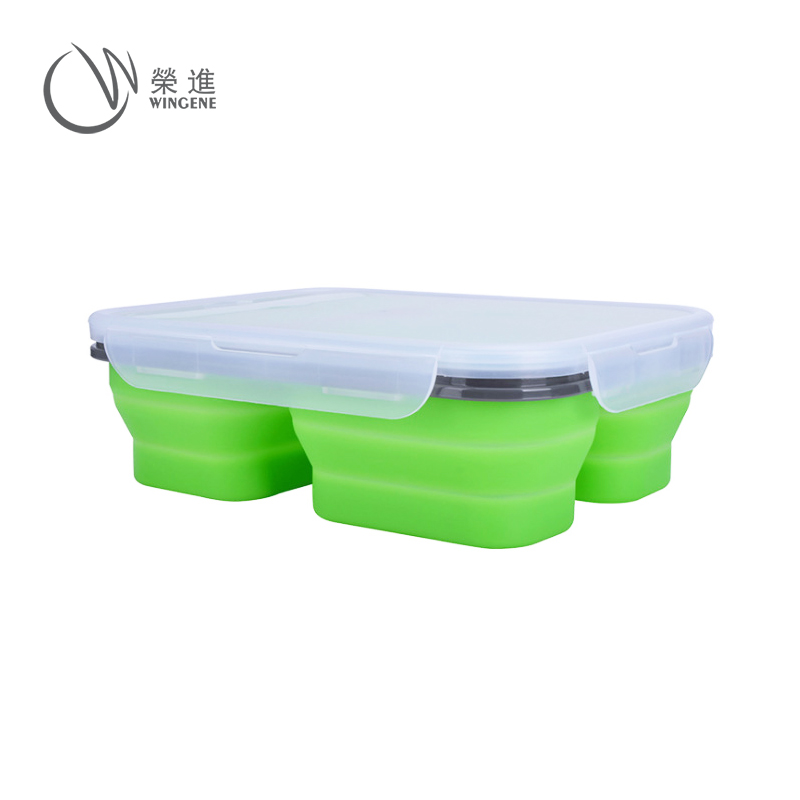 硅胶折叠便当饭盒|微波炉加热保温饭盒|户外带叉勺密封便当盒-